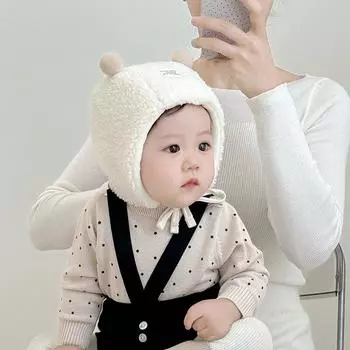 Baby boy hat autumn and winter knitted plush lace-up ear hat infant and toddler warm little month-old girl pullover hat