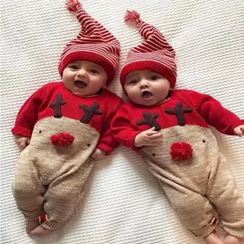 Baby Boys Girls Christmas Outfits Xmas Elk Costume Infant One Piece Romper Bodysuit with Striped Hat Newborn Jumpsuit 3-24M 70