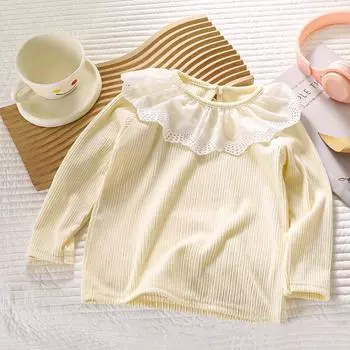 Baby Clothes Autumn Infant Girls Long Sleeve T-shirts Lace Lotus Collar Princess Kids Ribbed Bottoming Shirt Toddler Cotton Tops 80