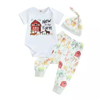 Baby Farm Pants Outfits Letter&House Print Short Sleeve Romper with Animal Print Pants and Hat Set 3-6 Months белый
