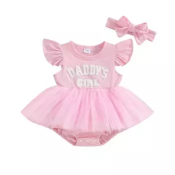 Baby Girl 2 Piece Outfits Letter Embroidery Mesh Romper Dress and Headband Cute Fashion Summer Clothes 3-6 Months розовый