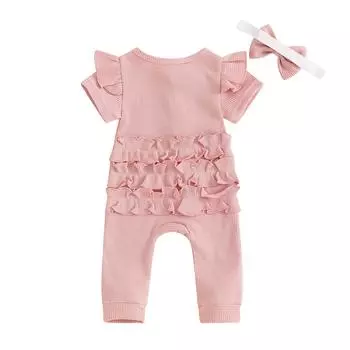 Летний комплект из 2 предметов для маленьких девочек, вафельный комбинезон с круглым вырезом и оборкой на молнии с рукавами-крылышками + повязка на голову с 3D бантом, наряды для малышей 3-6 Months розовый