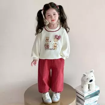 Baby Girl Casual Suit Spring and Autumn Baby Girl Cartoon Sweater Pants Autumn Clothes Little Girl Sports Two-piece Set Tide Image color 120cm