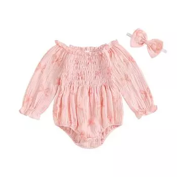 Baby Girl Fall Outfit, Bow Print Frill Trim Shirred Ruffle Sleeve Romper Bow Headband 2 Piece Set 0-3 Months