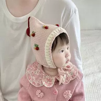 Baby girl hand-knitted winter ear protection cute girl wool elf literary warmth 42-48Cm (5 months-2 years old) розовый