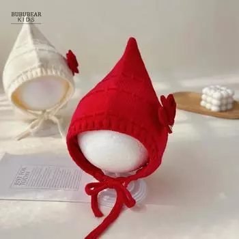 Baby girl hat autumn and winter red year-old knitted hat girls winter warm ear protection wool hat baby elf hat 5-24 months (44-50cm)