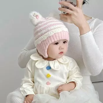 Baby girl hat winter warm thickened knitted ear hat girls travel windproof cute cherry wool hat 6 months-3 years old (44-50cm) розовый