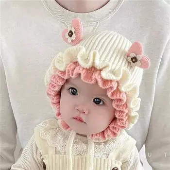 Baby girl hat winter warm windproof ear protection knitted hat antler lace princess hat girls wool hat recommended 4-24 months/head circumference 44-49cm