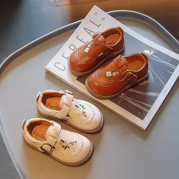 Baby Girl Mary Janes Embroidery Flower Beige Khaki Toddler Children Autumn Shoes Vintage Cover Toe Kids Shoes Zapatos De Nia 21 13cm бежевый