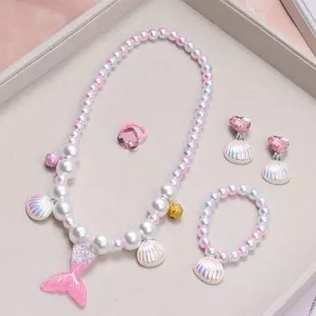 Baby Girl Mermaid Tail Shell Kids Jewelry Fishtail Pink Five-piece Set