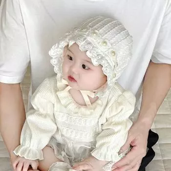 Baby girl princess hat season lace pearl baby hat bag head ear hat girls travel windproof 40-48cm_ 2-24 months бежевый