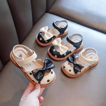 Baby Girl Sandals Kids Leather Summer Shoes Toe-covered Little Children Toddlers Beach Sandals Dots with Bowtie Princess Cute 21 чёрный