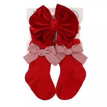 Baby Girls Christmas Socks Headband Set Cute Heart/Dot/Plaid Bowknot Socks for Toddlers Fall Princess Dressy Short Socks 0-12M