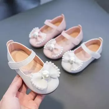 Baby Girls Leather Shoes Kids Flats Children Casual Flats Bow-knot Princess Sweet 2024 Spring Brand New Soft Rhinestone Pearls 21 бежевый