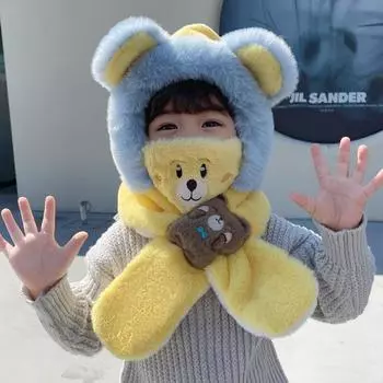 Baby hat autumn and winter children s scarf integrated velvet baby girl super cute boy cute ear protector toddler hat One Size синий