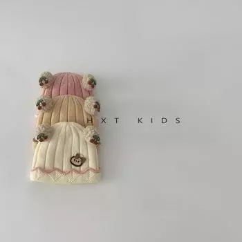 Baby hat autumn and winter double ball foreign style color matching foreign style knitted hat 0-1 small month-old girl baby wool hat winter