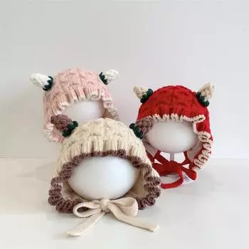 Baby hat autumn and winter pullover hat infant ear hat girl baby princess lace cute super cute wool hat 48-50CM Suitable for babies around 2-3 years old