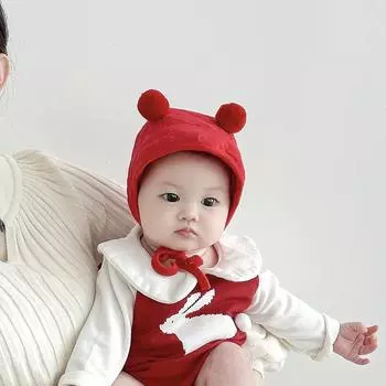 Baby hat autumn and winter red ear hat festive full moon hat newborn tire hat 100 days hat ear hat Korea