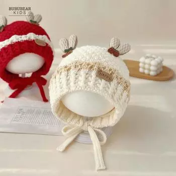 Baby hat autumn and winter warm thickened wool hat baby winter cute wool hat children s handmade ear hat Reference month 0 6 months - 3 years old (44-50cm) бежевый
