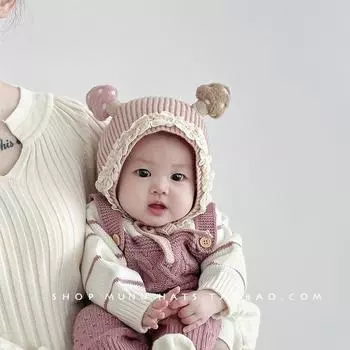 Baby hat autumn and winter wool hat cute little mushroom knitted ear hat baby girl thickened warm tie hat 3 months-2 years old (head circumference 43-49cm)