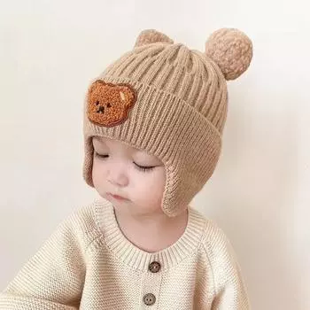 Baby hat cute bear knitted ear hat children s winter thickened warm wool hat Korean version of infant hat