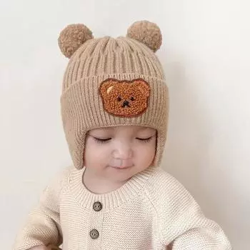 Baby hat cute bear knitted ear hat children s winter thickened warm wool hat Korean pullover cotton hat