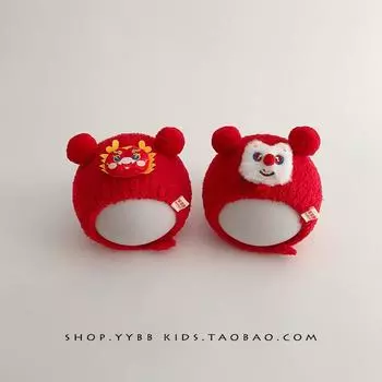 Baby Hat New Year s Red Festive Lion Dancing Ear Protection Plush Hat for Boys and Girls Baby Warm Thickened Knitted Baotou Hat