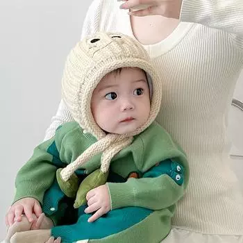 Baby hat winter wool hat cute dinosaur knitted ear hat children s windproof hat thickened thermal hat 8 months-5 years old (head circumference 45-52cm)