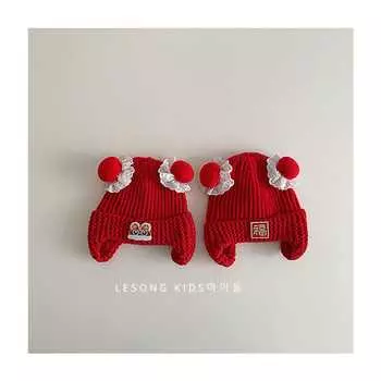 Baby hat winter wool hat red festive pointed knitted ear hat baby girl festive new year hat average size is about 42-46cm