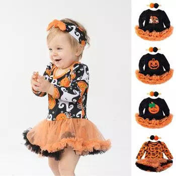 Комплект платьев из 2 предметов для маленьких девочек, платье с длинными рукавами + повязка на голову, наряды на Хэллоуин L чёрный