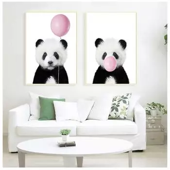 Baby Panda Print Animal With Bubble Gum Poster Детская Настенная картина Декор Милый розовый воздушный шар Baby Shower Подарок Холст Картина без рамки 21*30cm
