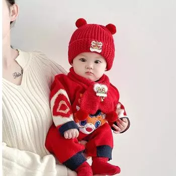 Baby red hat autumn and winter knitted hat baby full moon hat winter ear hat infant pullover to keep warm 5 months-2 years old (44-48CM)