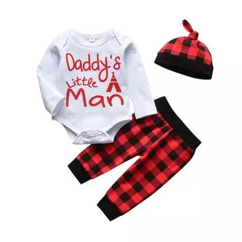 Baby Suit Letter Print Romper Plaid Pants Hat Three-piece Suit 90
