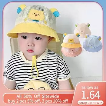 Летняя детская шляпа от солнца, детская дышащая сетчатая кепка для бассейна, симпатичные козырьки от солнца для мальчиков и девочек, детские рыболовные шляпы с изображением медведя из мультфильма 48cm fit 6M-2Y жёлтый