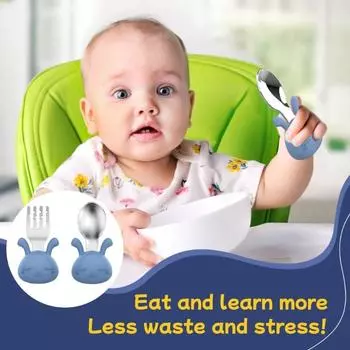 Детские столовые приборы для самостоятельного кормления малышей, набор ложек и вилок из нержавеющей стали, обучающая посуда, столовые приборы с силиконовой ручкой для кухни