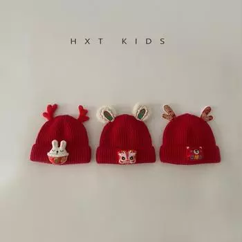 Baby wool hat autumn and winter festive red pullover hat 0-1 years old newborn baby winter warm hat 3 3-24 months (hat circumference 44-48cm)