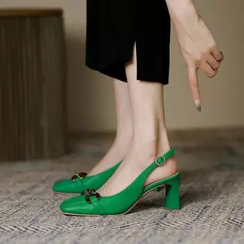 Пустые сандалии Baotou сзади, женские новые летние стильные женские туфли на высоком каблуке с квадратной головкой и толстым каблуком с пряжкой 34 зелёный