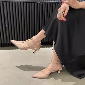 Back empty high-heeled sandals 2024 summer wear pointed thin heel hollow design temperament light luxury fashion women s shoes 35 чёрный