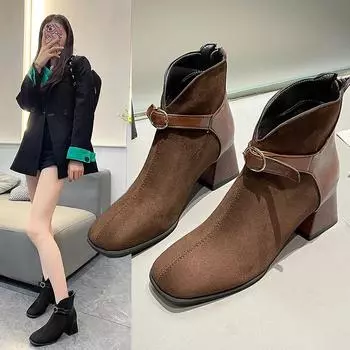 Back Zipper Design Ladies Ankle Boots 2024 Autumn New Square Toe Women s Boots Simple and Versatile Thick Heel Women Shoes 35 чёрный