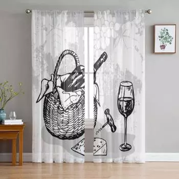 Backet With Bottle Of Wine Wineglass Cheese And Corkscrew Tulle Sheer Curtains for Living Room Home Decor Voile Organza Curtain 135W x 114H(cm)