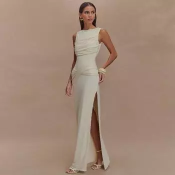 Backless Ruched Sexy Maxi Tank Dress Women Gown Summer New O Neck Thigh High Split Bodycon Elegant Long Dress Fashion S