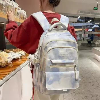 Backpack Girls Niche Style Multilayer Simplicity Easiest for Match Schoolbag 6126 blue + long legs clouds