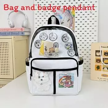 Backpack Student Simple With Transparent Compartments And Badges Pendant