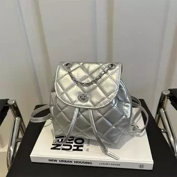 Backpack Women s Fashion 2025 Silver Premium Design Chain Bag Women s White Backpack синий