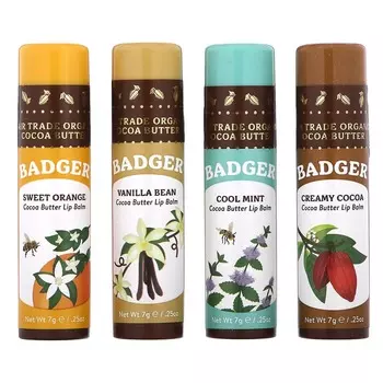 Badger, Organic, набор бальзамов для губ с маслом какао, 4 упаковки, 7 г (0,25 унции) каждый