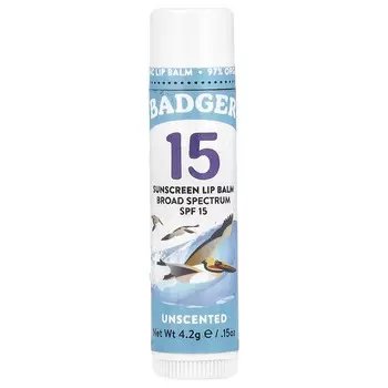 Badger, солнцезащитный бальзам для губ, SPF 15, без отдушек, 0,15 унции (4,2 г)