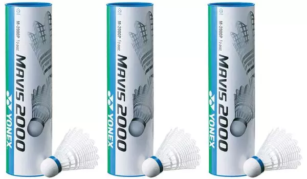 Бадминтонный волан YONEX Mavis 2000P натуральный 6 шт x 3 банки СРЕДНЯЯ температура (нейлон + пробка) (18 штук) (подходит 12~23) М-2000П белый