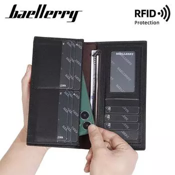 Baellerry RFID-защита, мужской держатель для карт, винтажный дизайн, двойные кошельки, модный безопасный длинный кошелек, кошелек 19cm*9.5cm*2cm чёрный