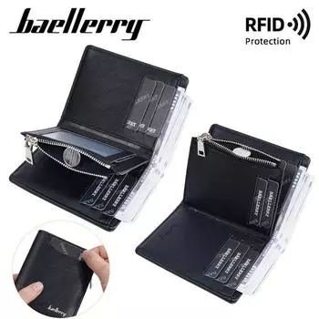 Baellerry RFID Защита от кражи Монета Сумка на молнии Кошелек Кошельки для мужчин Винтажный дизайн Визитница Кошелек 12cm*9.5cm*2cm чёрный
