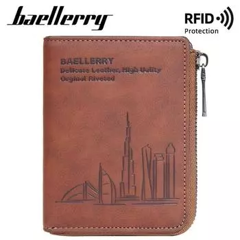 Держатель для карт Baellerry RFID с защитой, винтажный дизайн, на молнии, мужские короткие кошельки, искусственная кожа, портмоне, денежные сумки 12.5cm*9.5cm*2cm чёрный